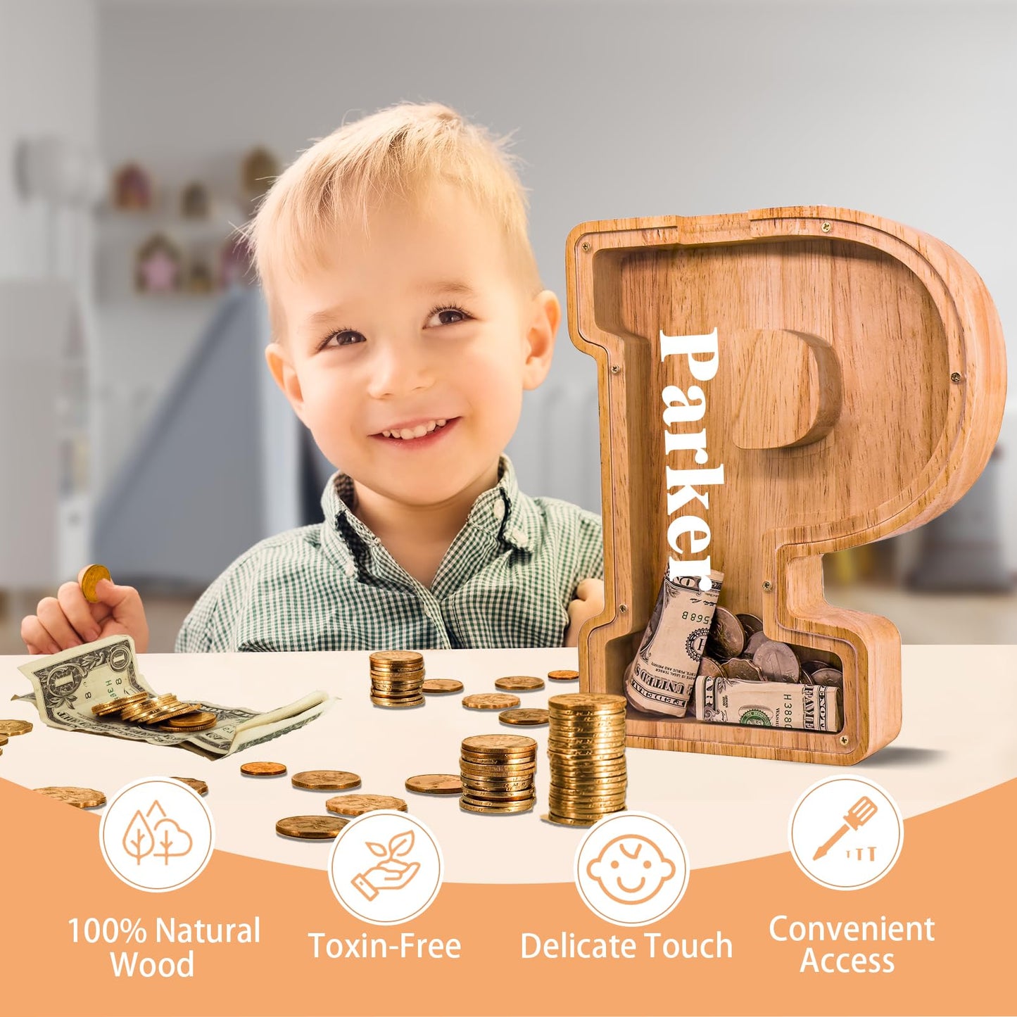 JOOMLAFLY Wooden Letter Piggy Bank – Personalized Initial Coin Bank for Kids