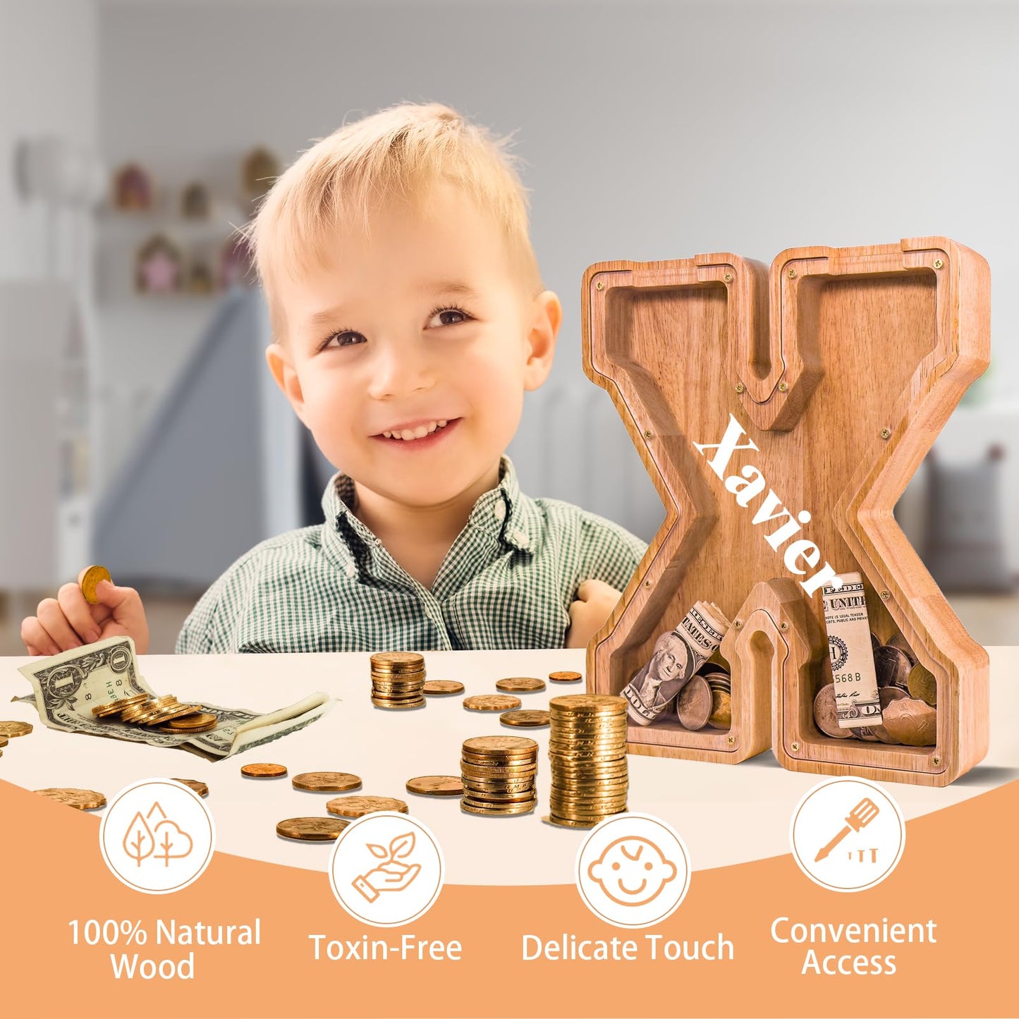 JOOMLAFLY Wooden Letter Piggy Bank – Large Personalized Alphabet Bank for Kids