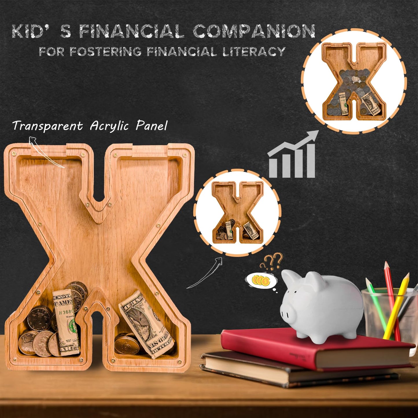 JOOMLAFLY Wooden Letter Piggy Bank – Large Personalized Alphabet Bank for Kids