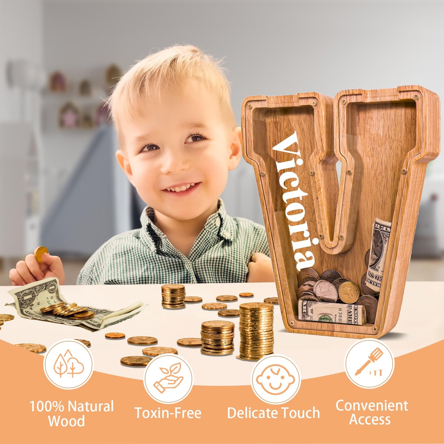 JOOMLAFLY Wooden Letter Piggy Bank – Large Initial Coin Bank for Kids
