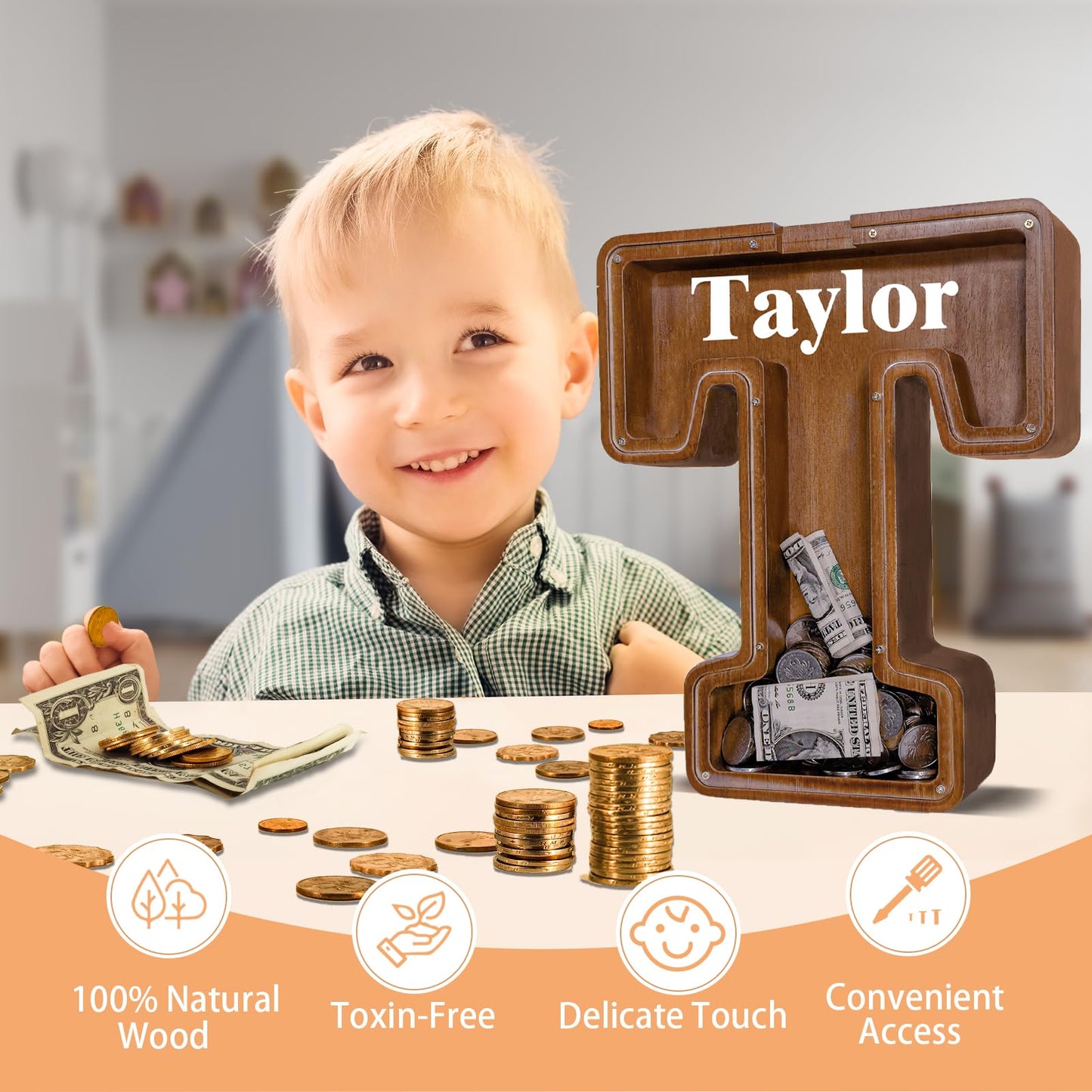 JOOMLAFLY Wooden Letter Piggy Bank – Large Initial Coin Bank for Kids