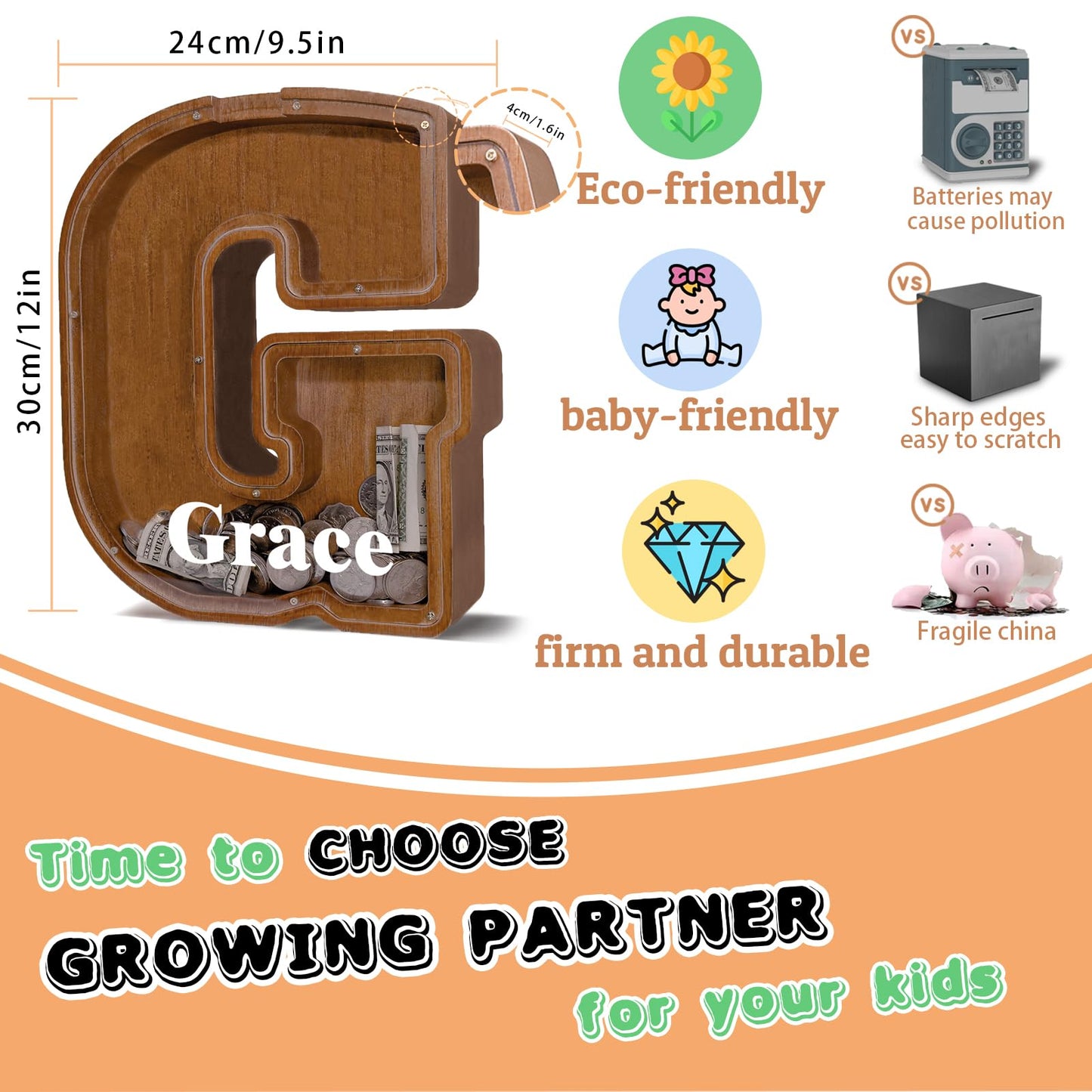 JOOMLAFLY Wooden Letter Piggy Bank – Personalized 12-Inch Initial Coin Bank for Kids