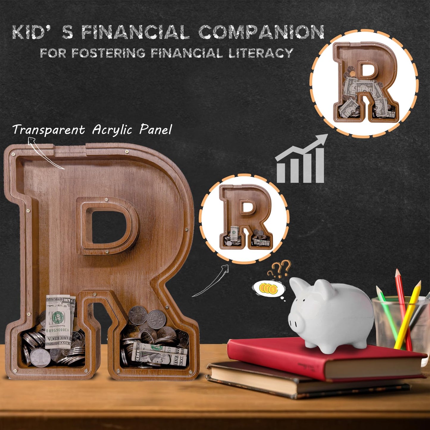 JOOMLAFLY Wooden Letter Piggy Bank for Kids – Personalized Alphabet Coin Bank
