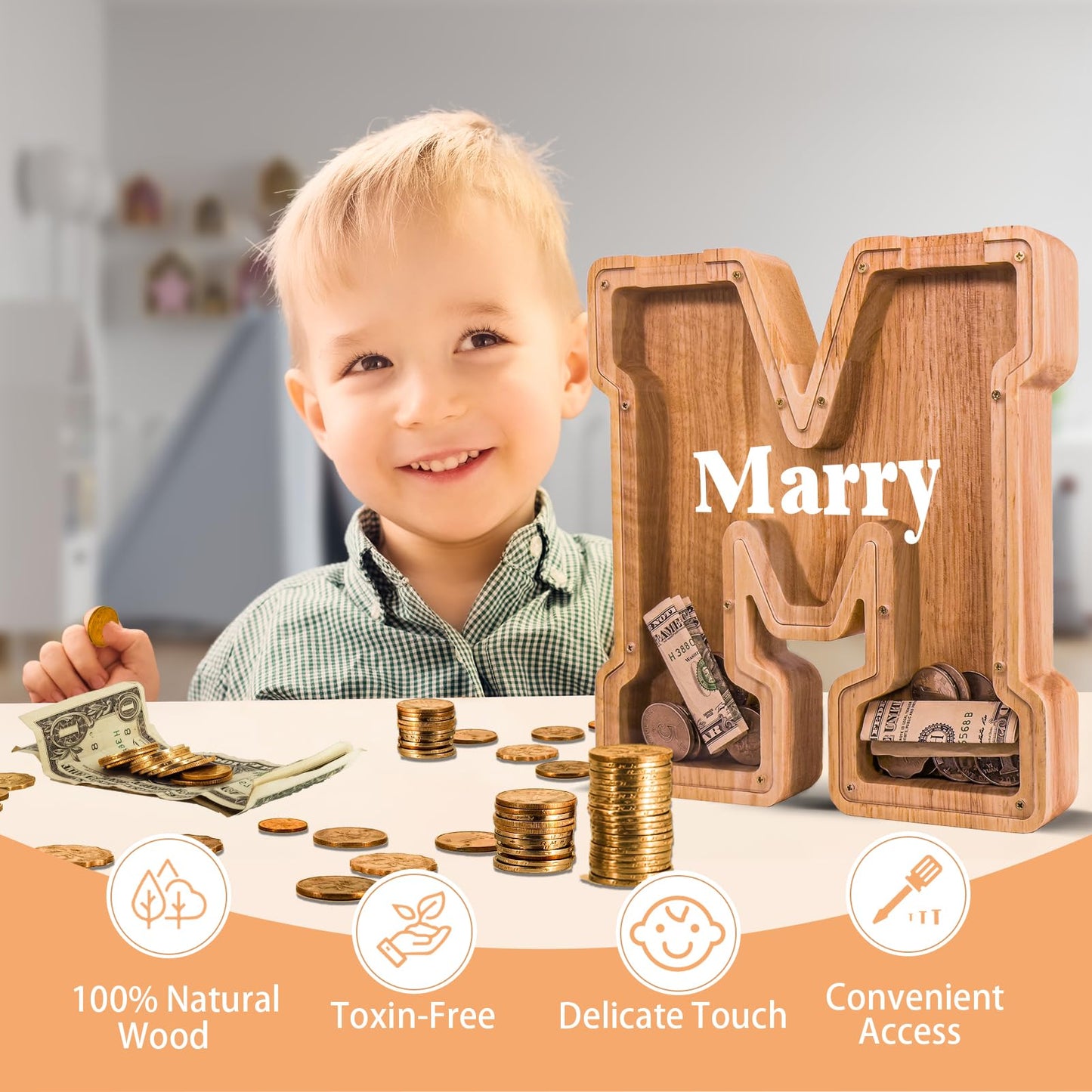 JOOMLAFLY Wooden Letter Piggy Bank – Large Customizable Initial Bank for Kids