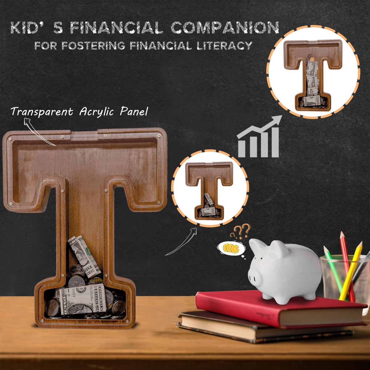 JOOMLAFLY Wooden Letter Piggy Bank – Large Initial Coin Bank for Kids