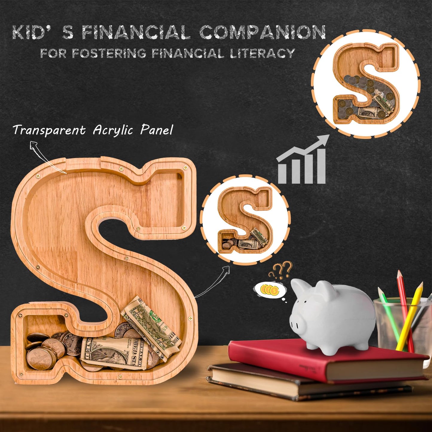 JOOMLAFLY Wooden Letter Piggy Bank – Personalized Initial Coin Bank for Kids