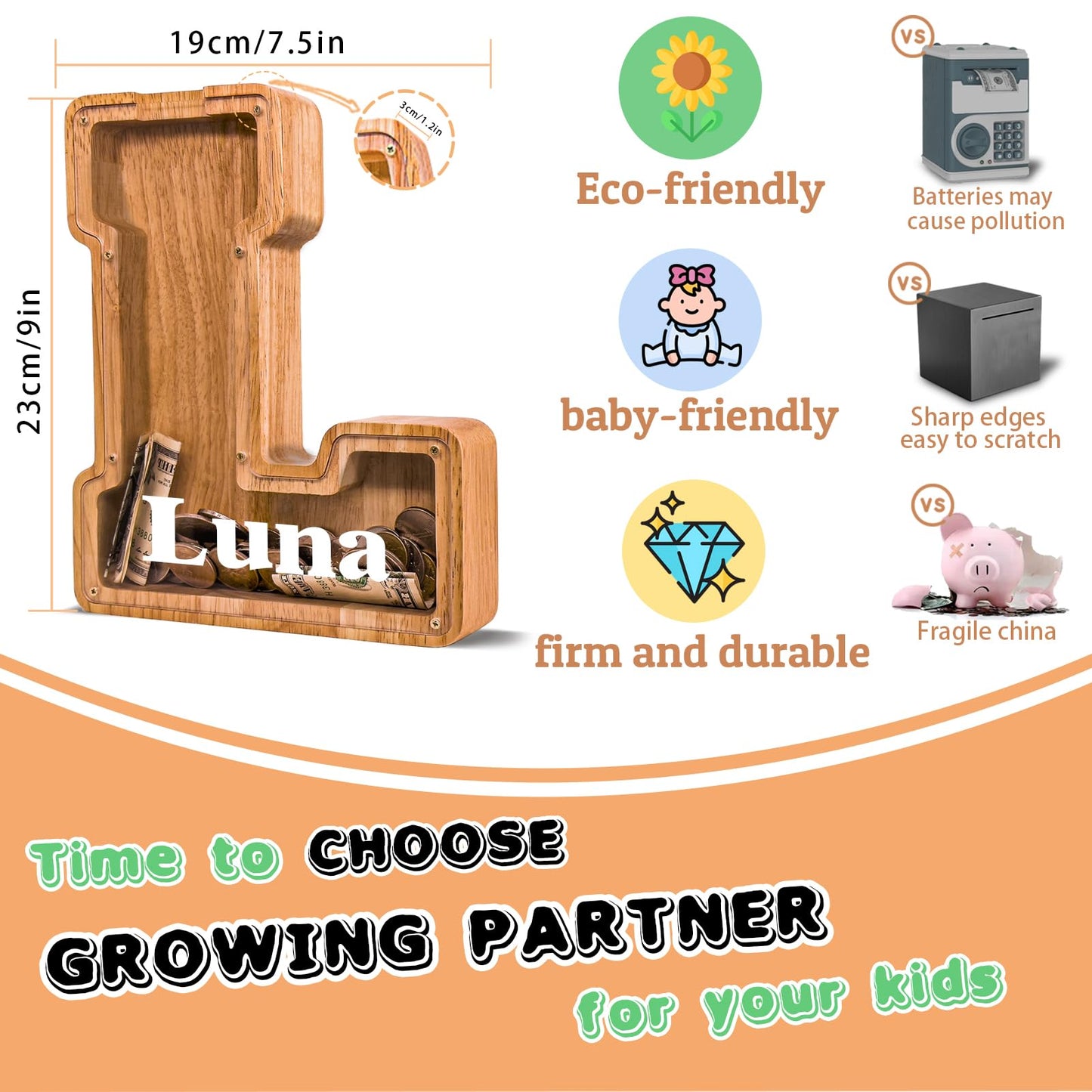 JOOMLAFLY Wooden Letter Piggy Bank — Large Initial Coin Box for Kids