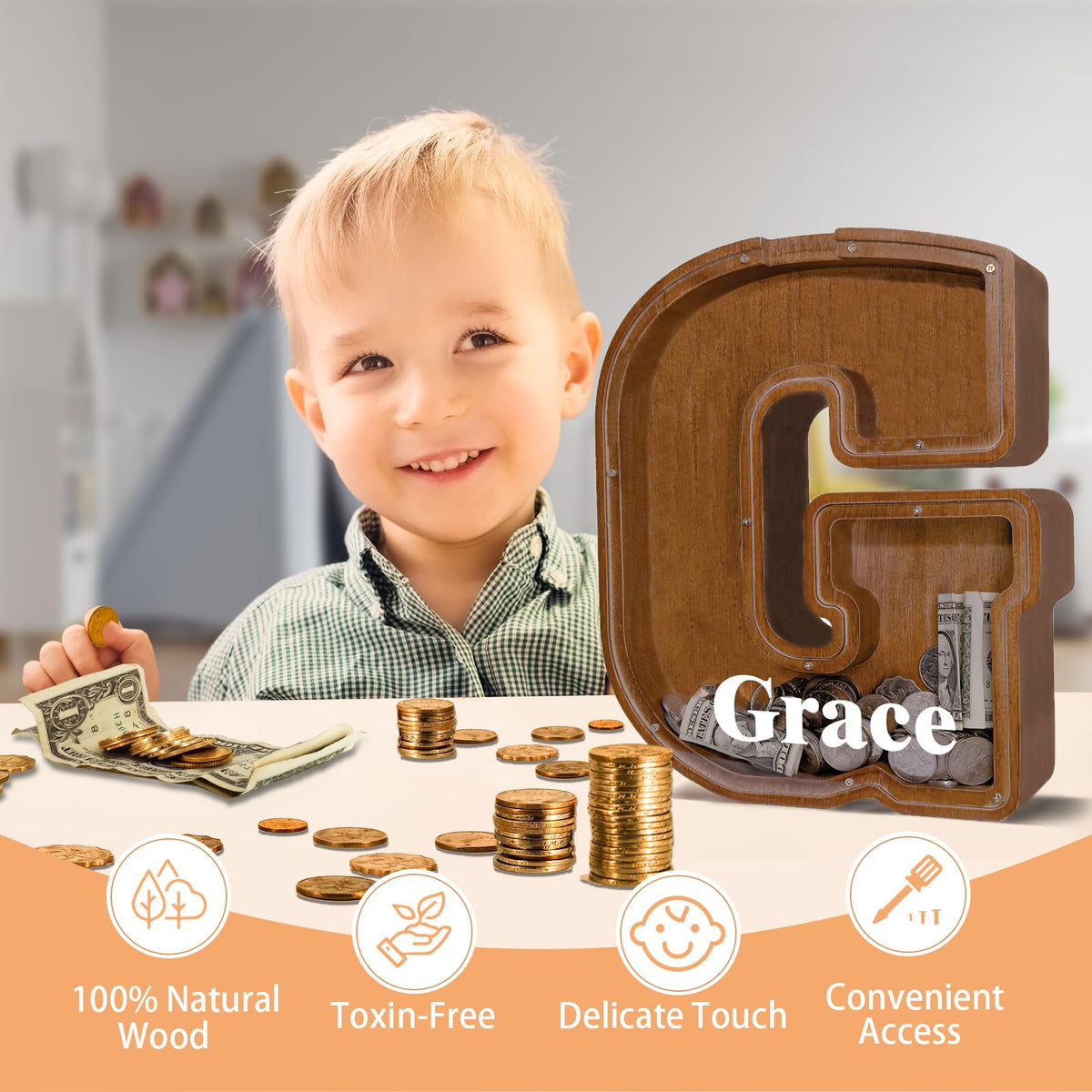 JOOMLAFLY Wooden Letter Piggy Bank – Personalized 12-Inch Initial Coin Bank for Kids