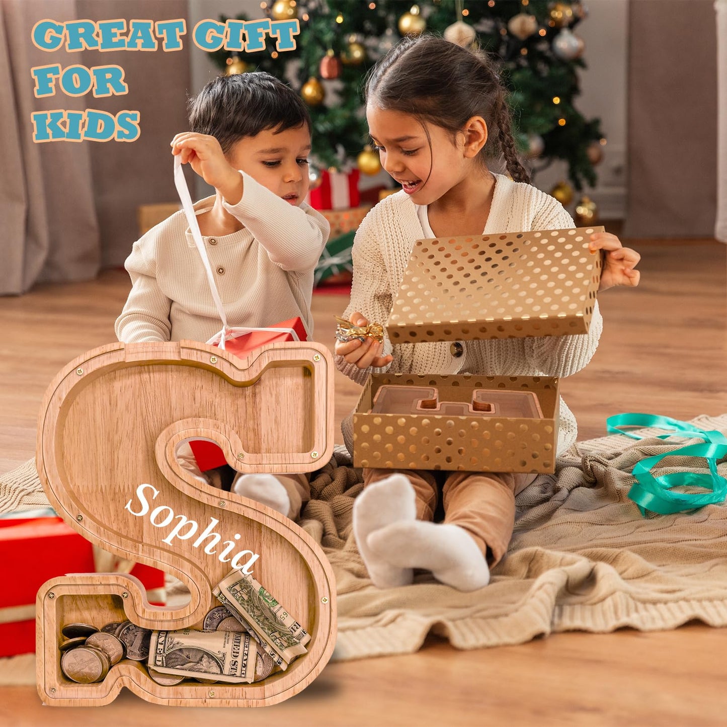JOOMLAFLY Wooden Letter Piggy Bank – Personalized Initial Coin Bank for Kids