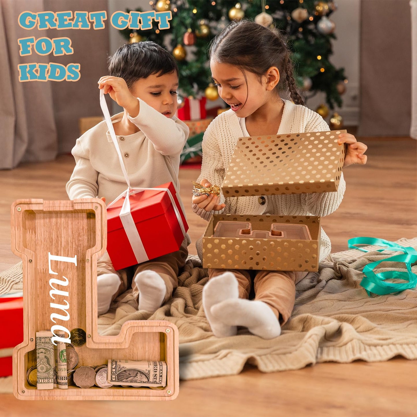 JOOMLAFLY Wooden Letter Piggy Bank — Large Initial Coin Box for Kids