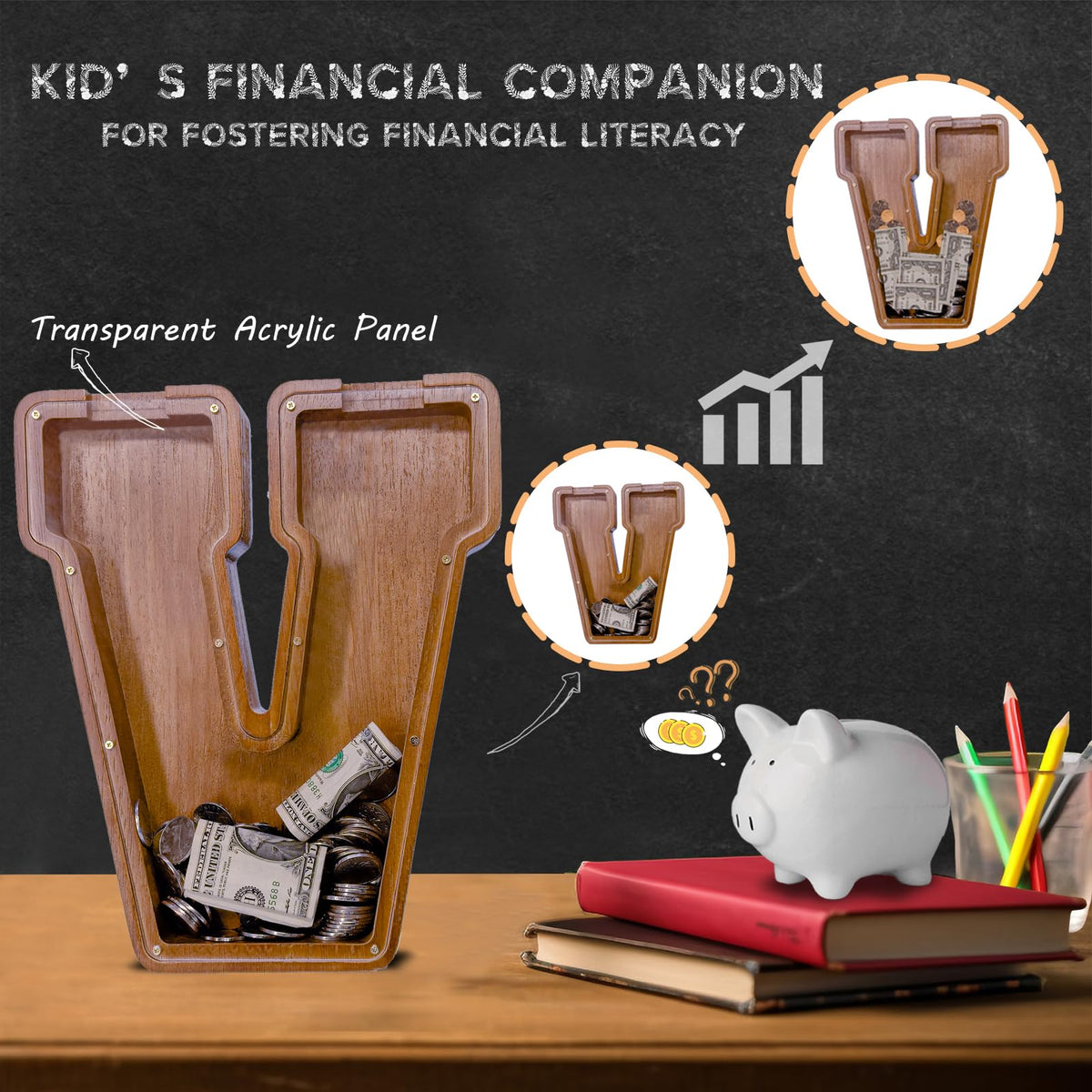JOOMLAFLY Wooden Letter Piggy Bank – Personalized Initial Coin Bank for Kids