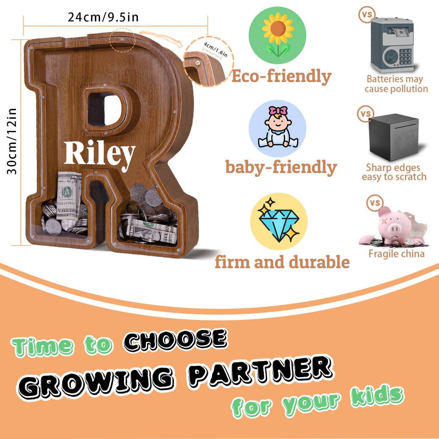 JOOMLAFLY Wooden Letter Piggy Bank for Kids – Personalized Alphabet Coin Bank