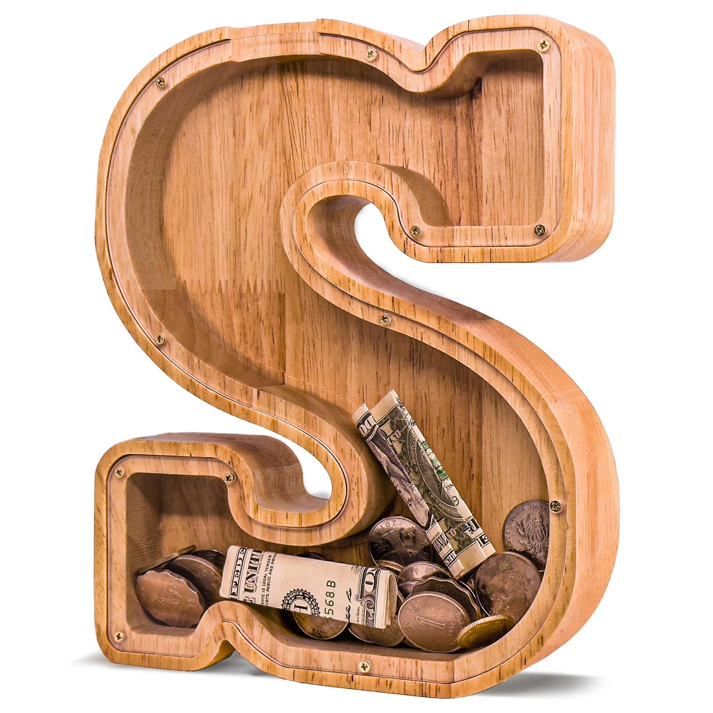 JOOMLAFLY Wooden Letter Piggy Bank – Personalized Initial Coin Bank for Kids