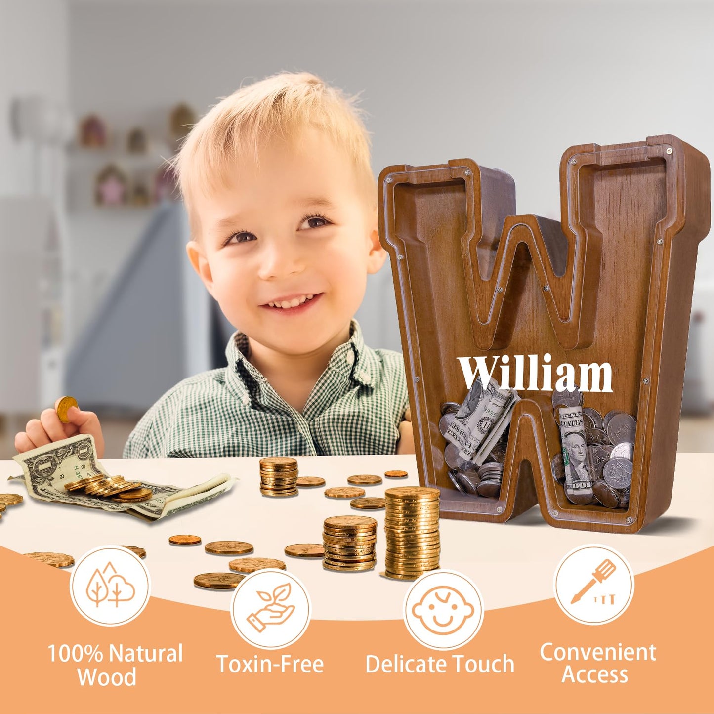 JOOMLAFLY Wooden Letter Piggy Bank – Personalized Initial Coin Bank for Kids