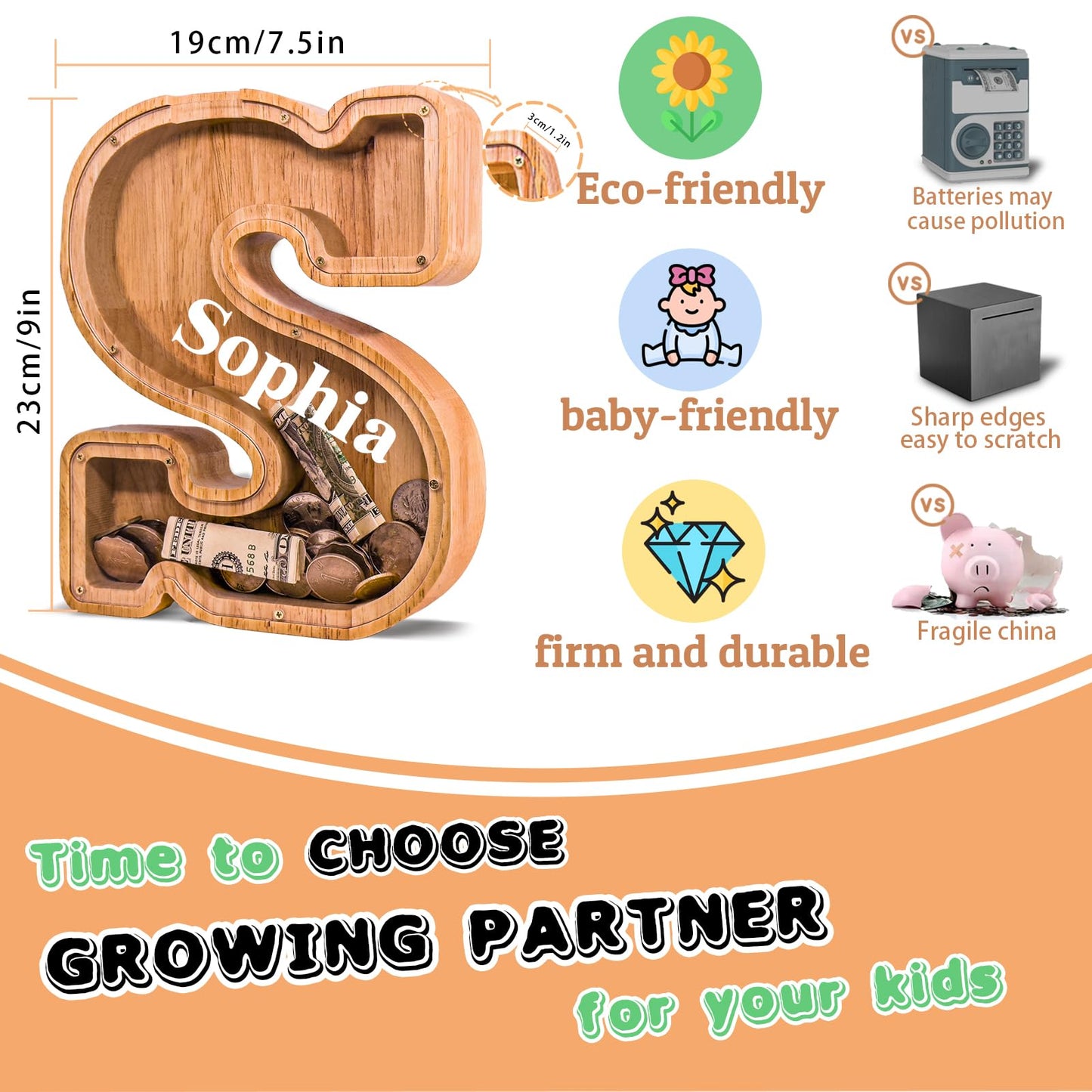JOOMLAFLY Wooden Letter Piggy Bank – Personalized Initial Coin Bank for Kids