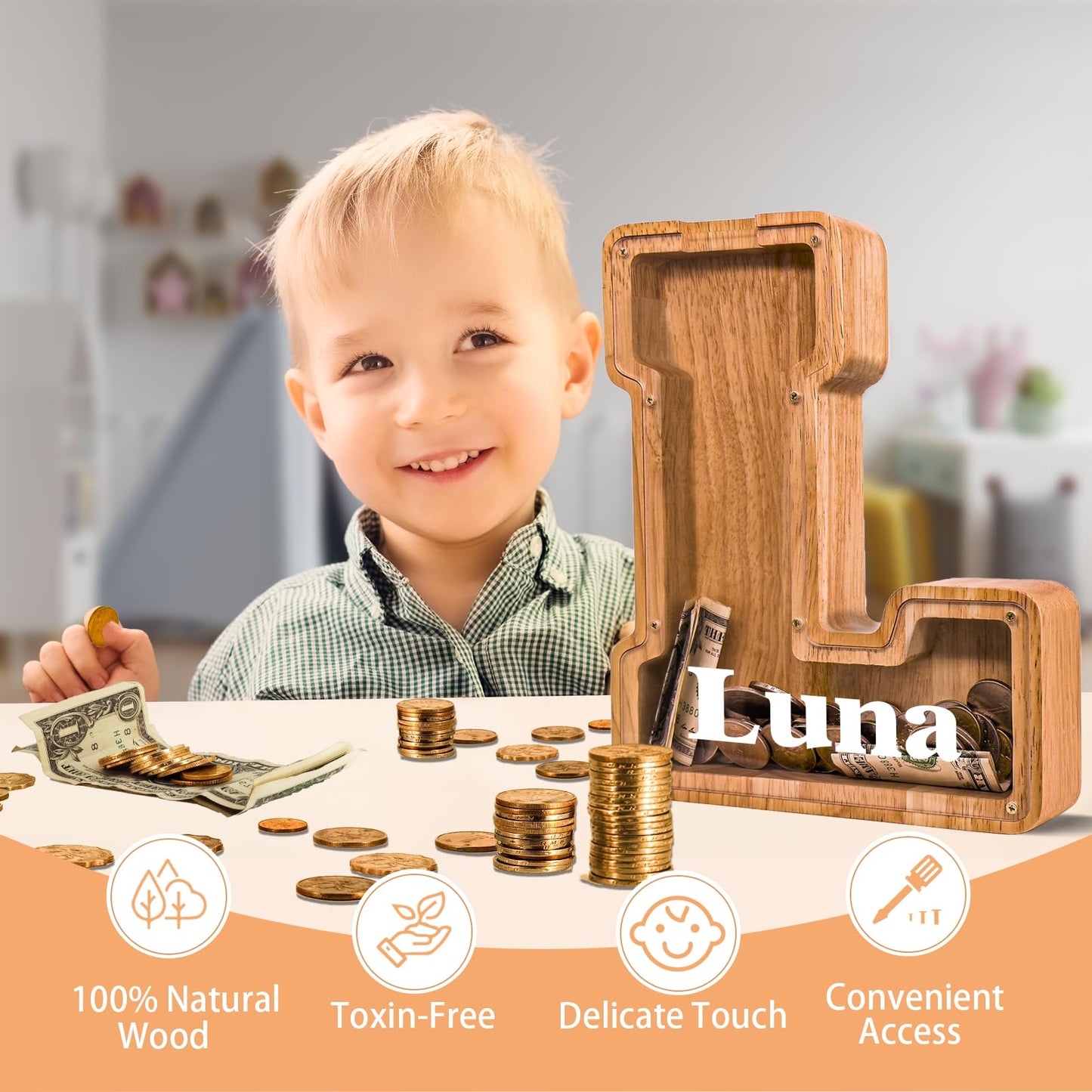 JOOMLAFLY Wooden Letter Piggy Bank — Large Initial Coin Box for Kids