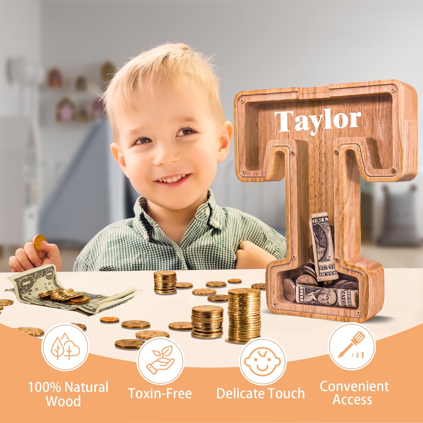 JOOMLAFLY Wooden Letter Piggy Bank – Large Personalized Alphabet Coin Bank for Kids