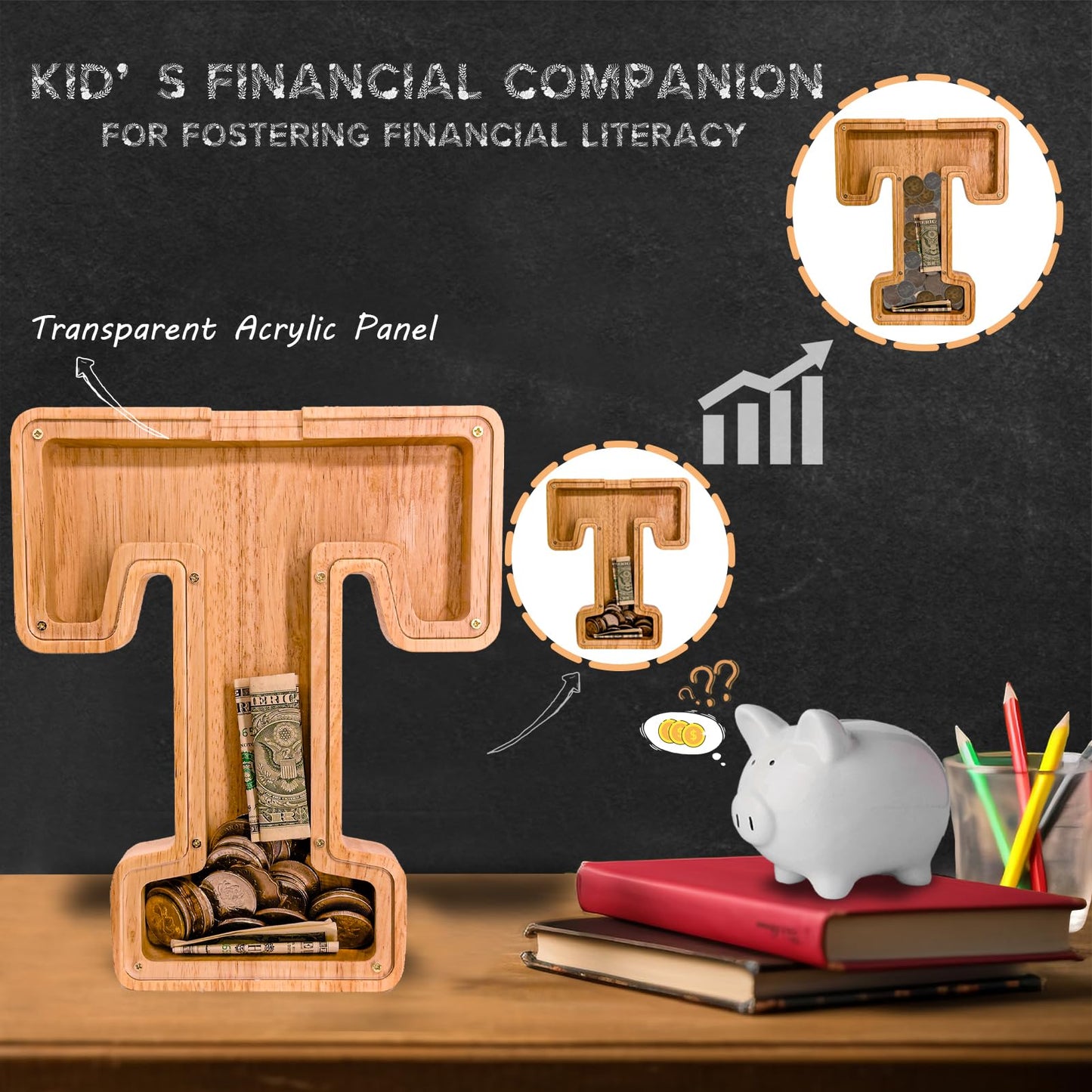 JOOMLAFLY Wooden Letter Piggy Bank – Large Personalized Alphabet Coin Bank for Kids