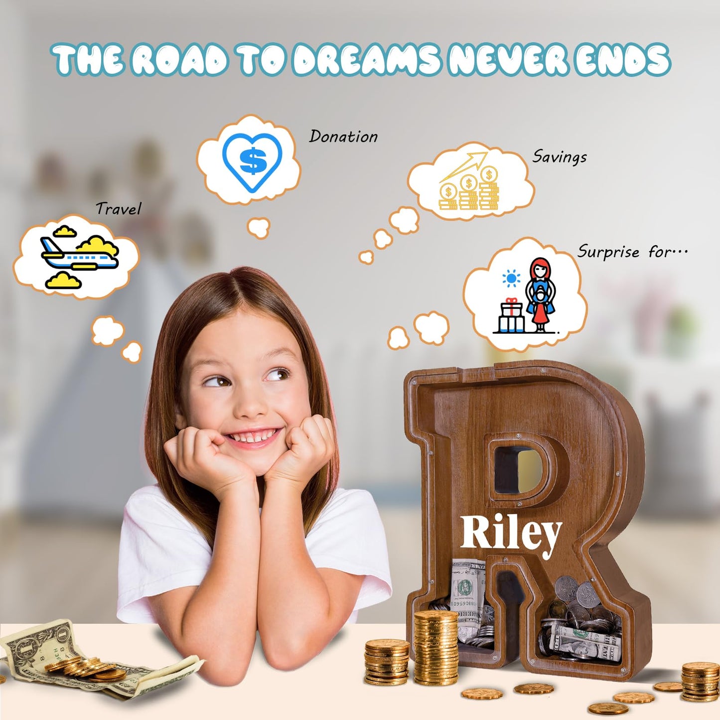 JOOMLAFLY Wooden Letter Piggy Bank for Kids – Personalized Alphabet Coin Bank