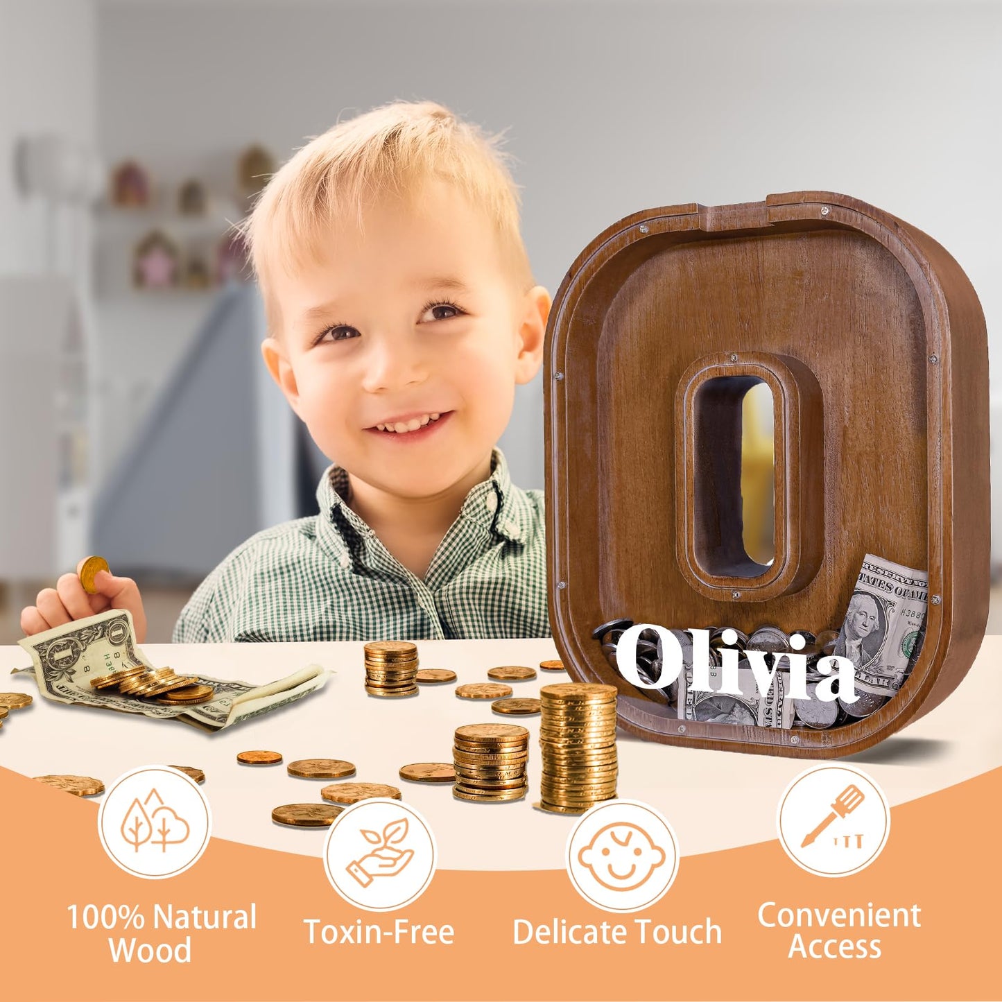 JOOMLAFLY Wooden Letter Piggy Bank – Personalized 12-Inch Coin Bank for Kids