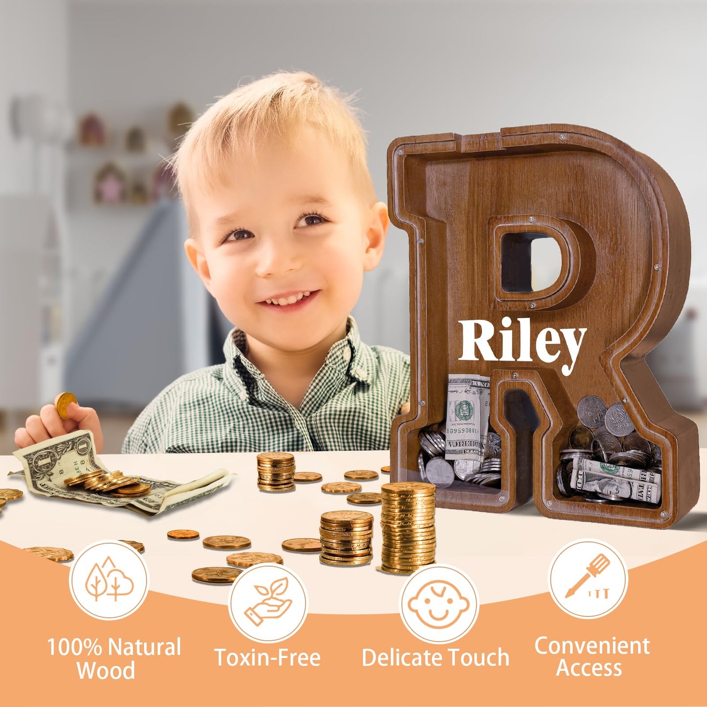 JOOMLAFLY Wooden Letter Piggy Bank for Kids – Personalized Alphabet Coin Bank