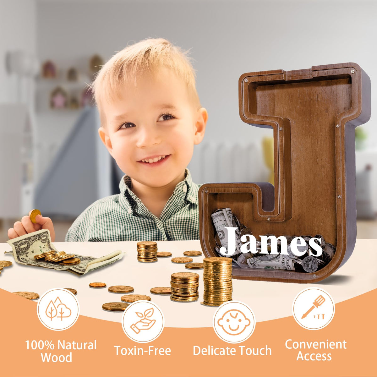 JOOMLAFLY Wooden Letter Piggy Bank – Personalized Initial Coin Bank for Kids