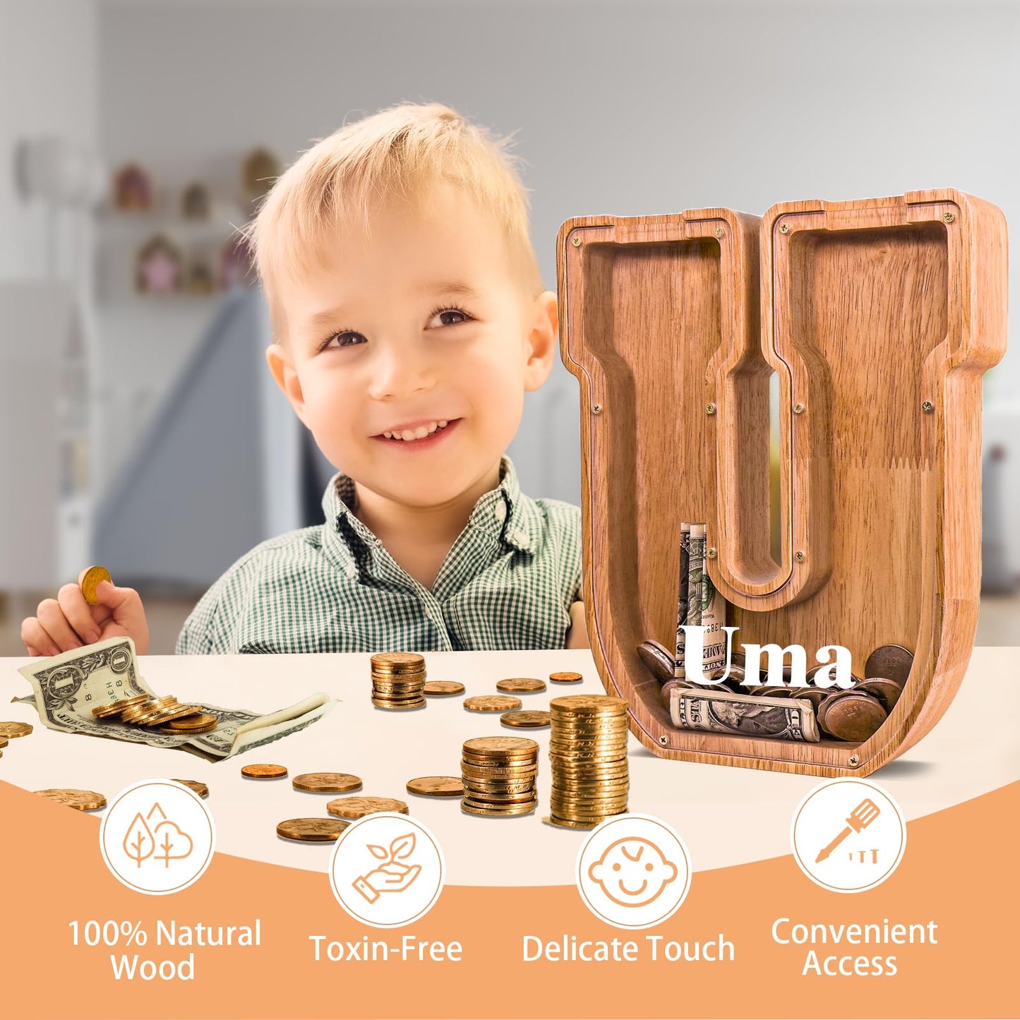 JOOMLAFLY Wooden Letter Piggy Bank – Personalized Initial Coin Bank for Kids