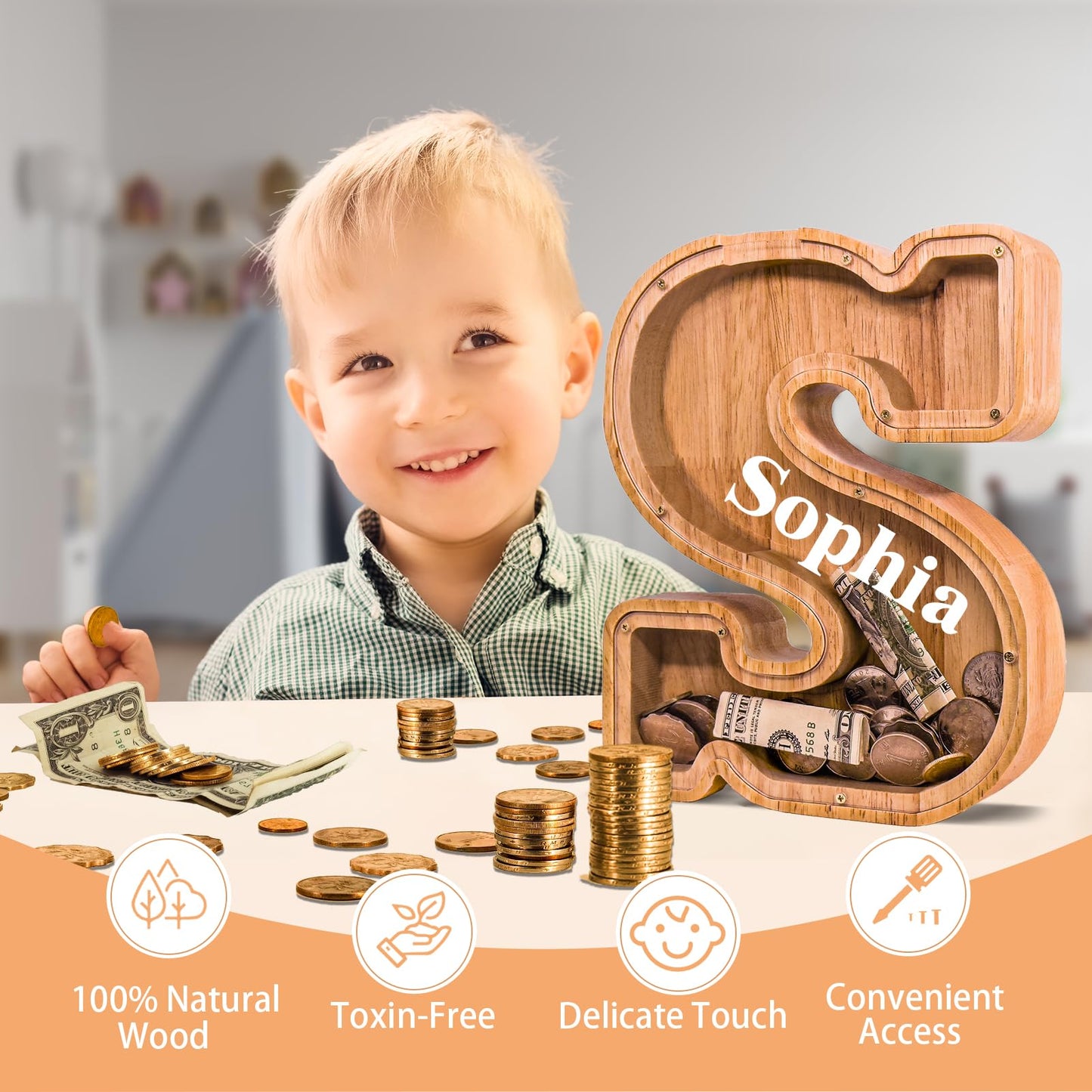 JOOMLAFLY Wooden Letter Piggy Bank – Personalized Initial Coin Bank for Kids