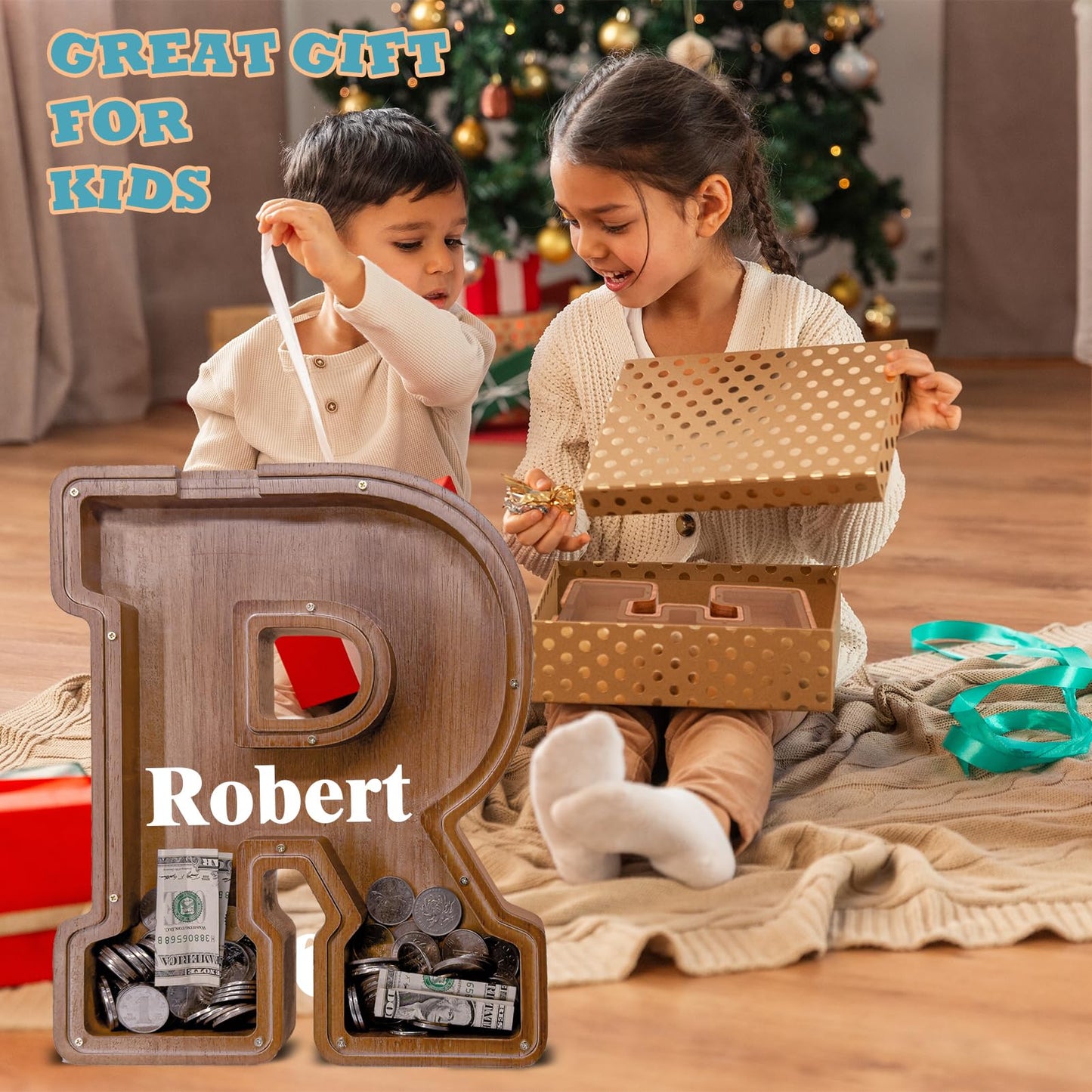 JOOMLAFLY Wooden Letter Piggy Bank for Kids – Personalized Alphabet Coin Bank