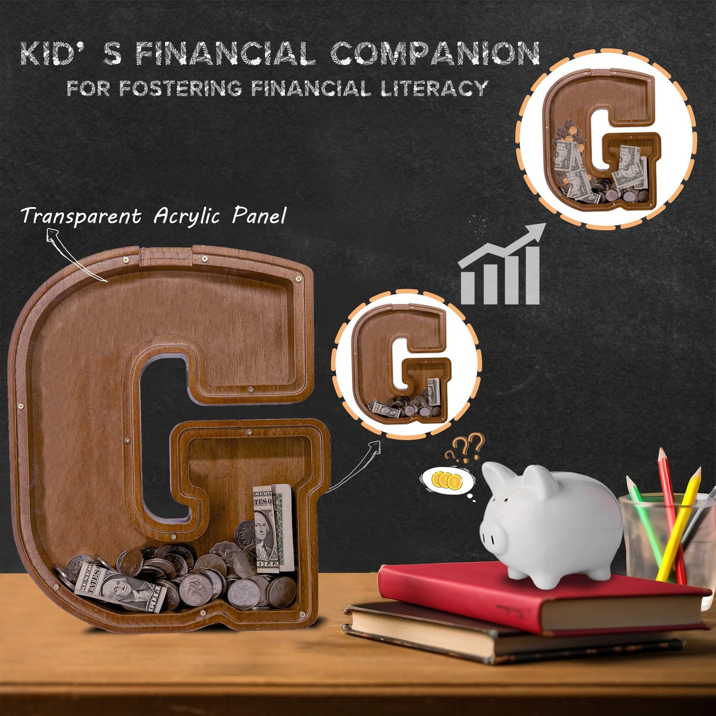 JOOMLAFLY Wooden Letter Piggy Bank – Personalized 12-Inch Initial Coin Bank for Kids