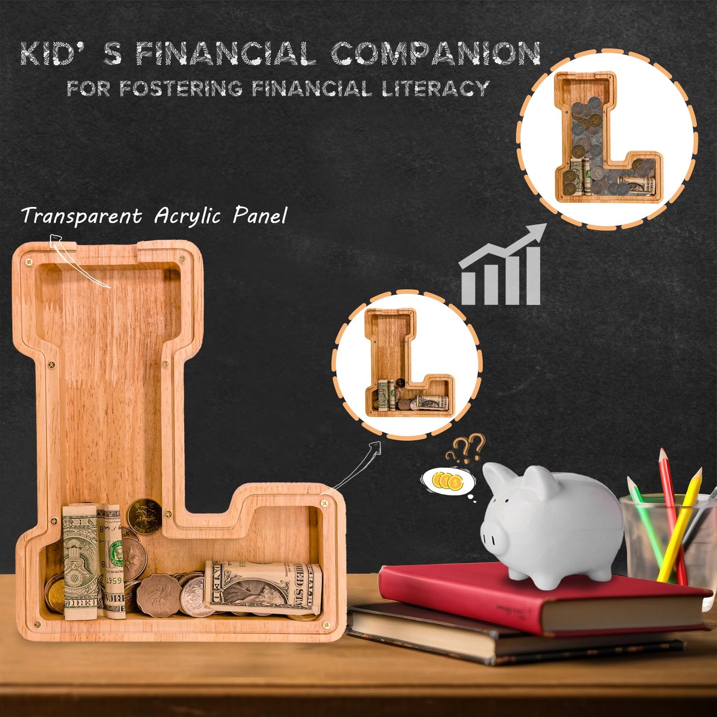 JOOMLAFLY Wooden Letter Piggy Bank — Large Initial Coin Box for Kids