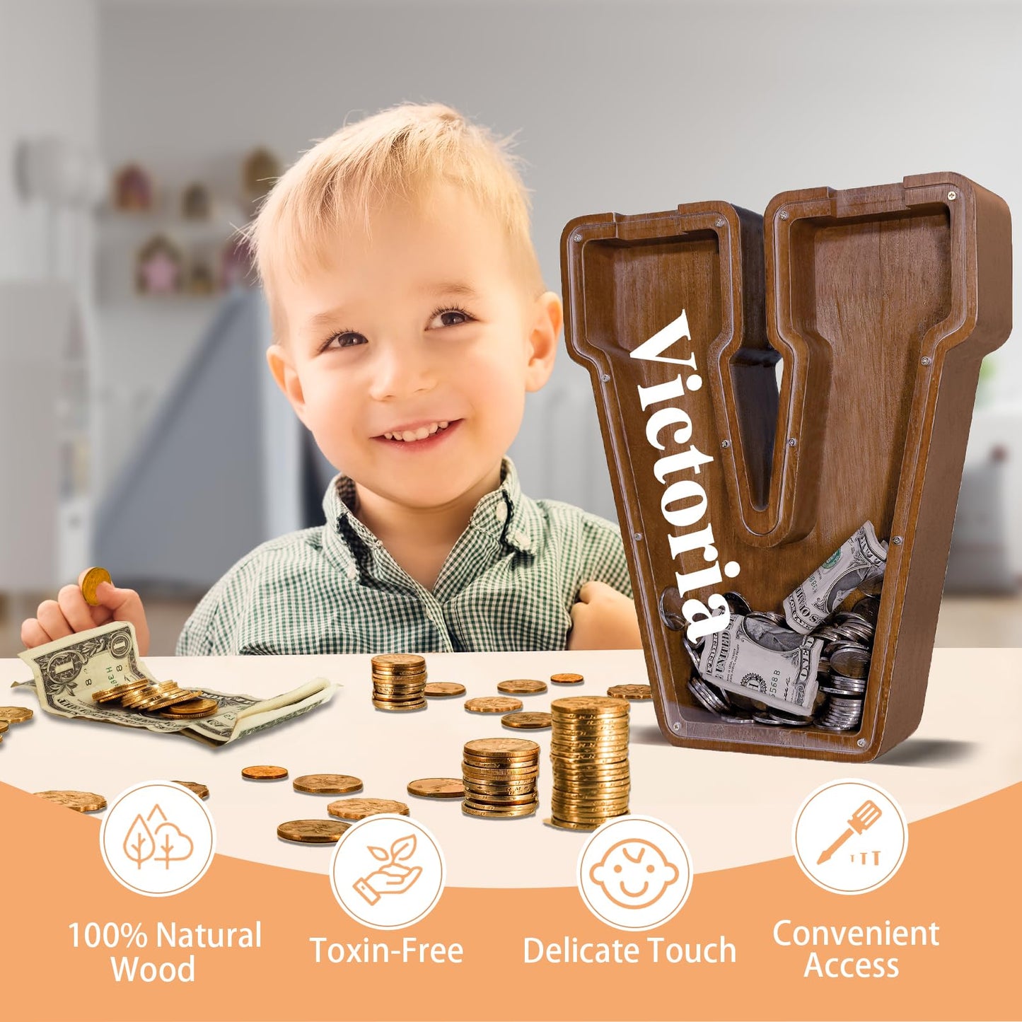 JOOMLAFLY Wooden Letter Piggy Bank – Personalized Initial Coin Bank for Kids