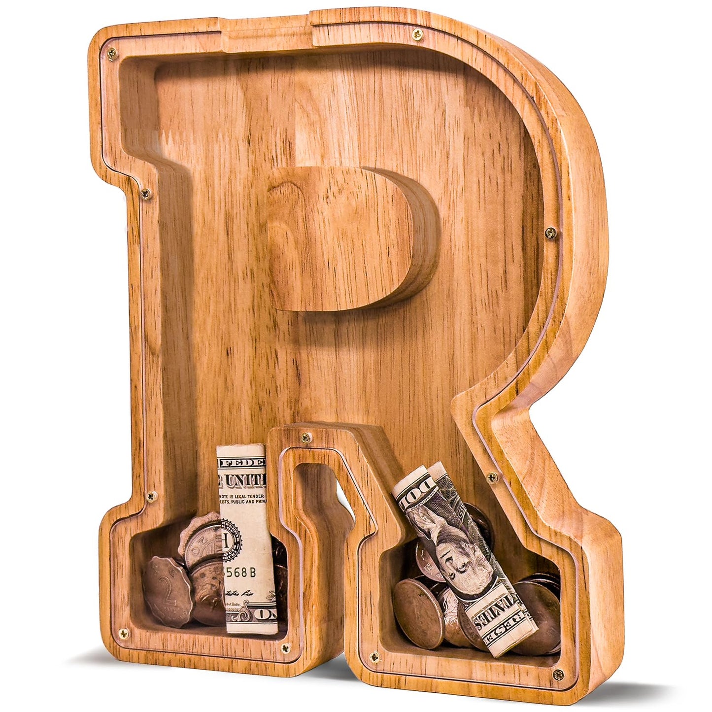 JOOMLAFLY Wooden Letter Piggy Bank – Large Personalized Initial Coin Bank for Kids