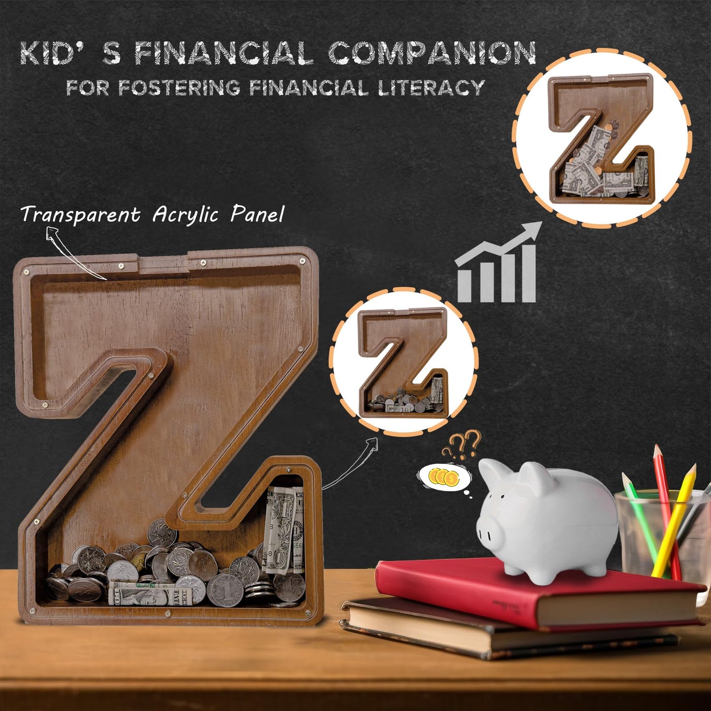 JOOMLAFLY Wooden Letter Piggy Bank for Kids — Personalizable 12-Inch Initial Coin Bank