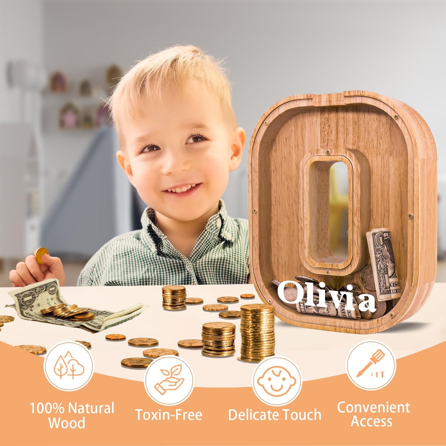 JOOMLAFLY Wooden Letter Piggy Bank - Personalized 9-inch Alphabet Coin Box for Kids