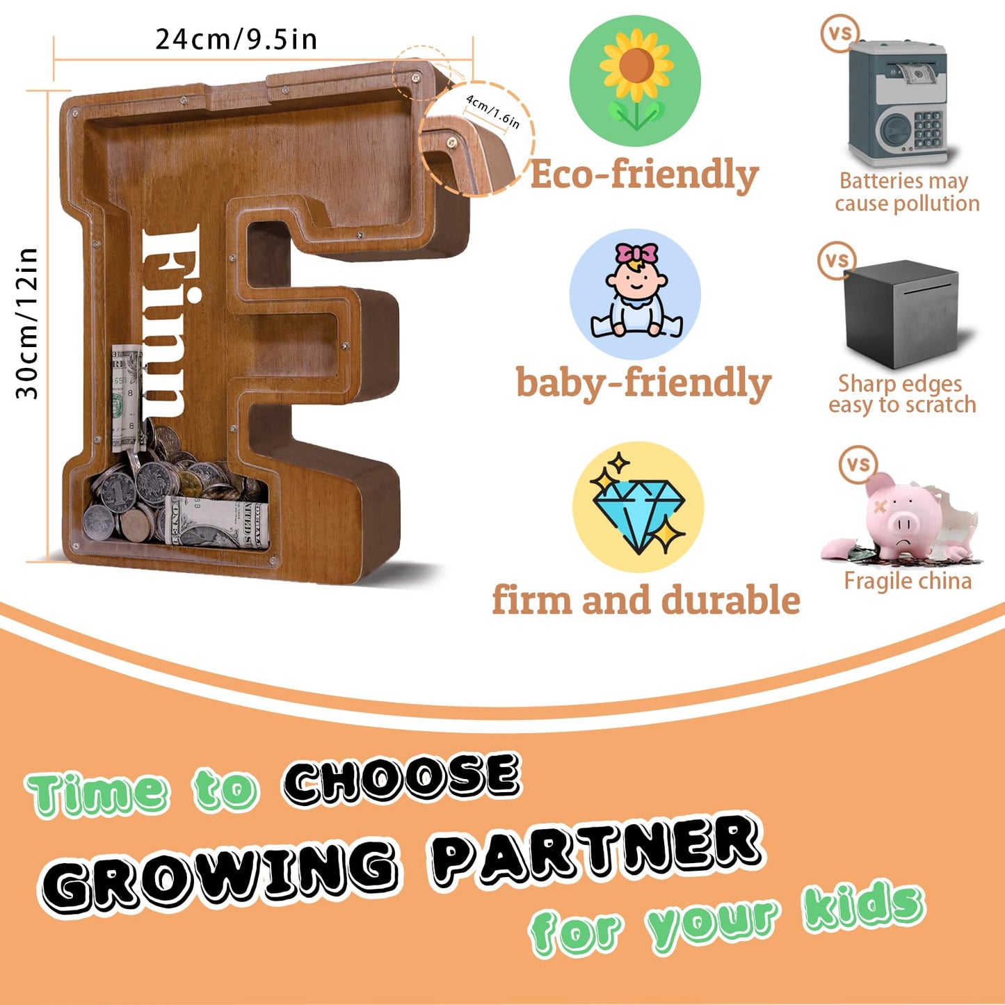 JOOMLAFLY Wooden Letter Piggy Bank – Personalized Initial Coin Bank for Kids
