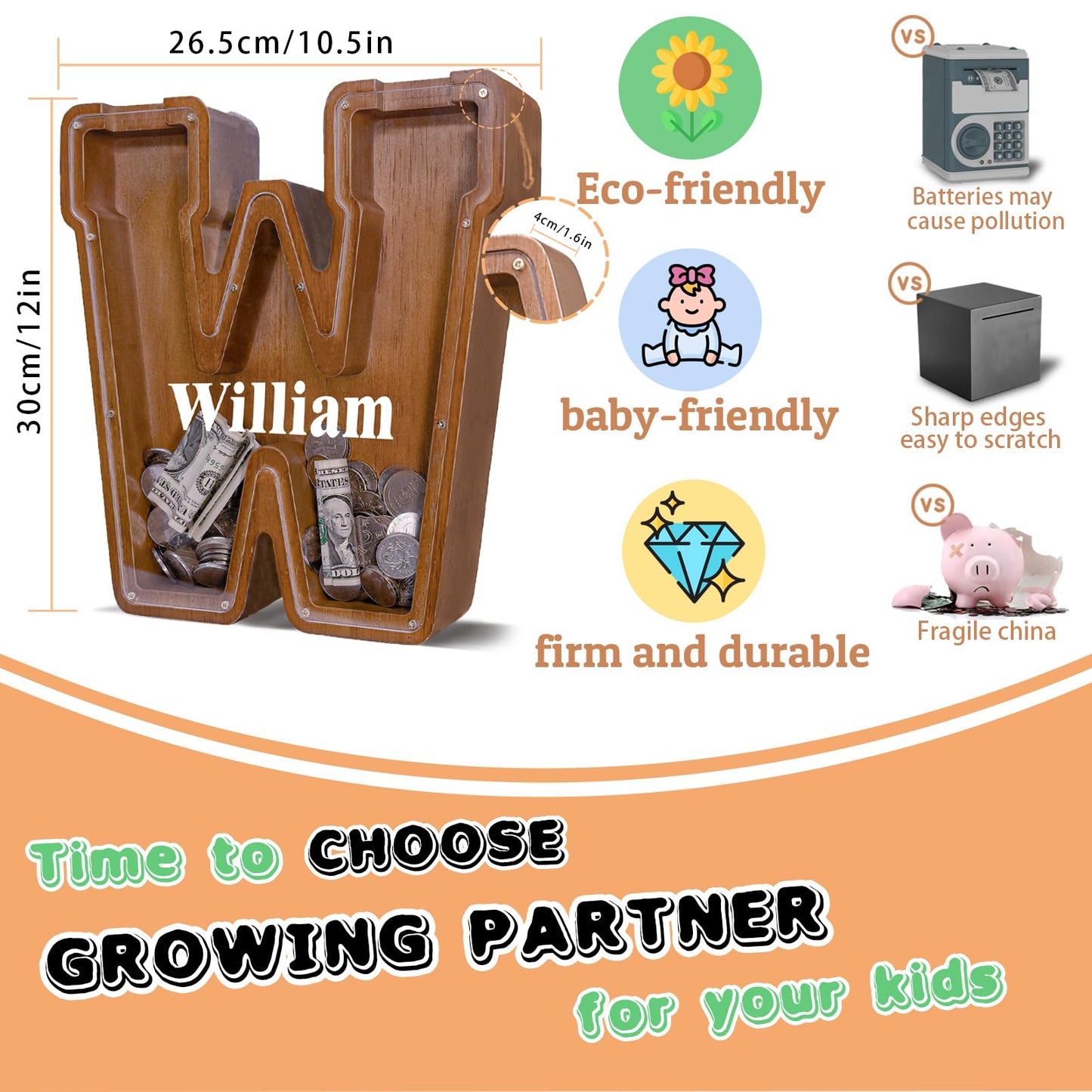 JOOMLAFLY Wooden Letter Piggy Bank – Personalized Initial Coin Bank for Kids