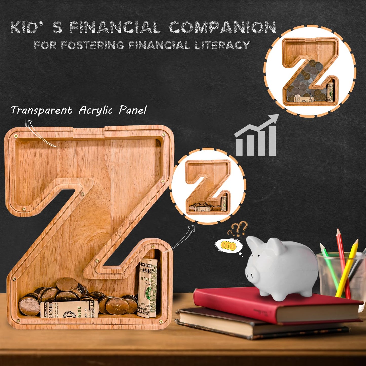 JOOMLAFLY Wooden Letter Piggy Bank — Large Initial Coin Bank for Kids, Personalized Gift