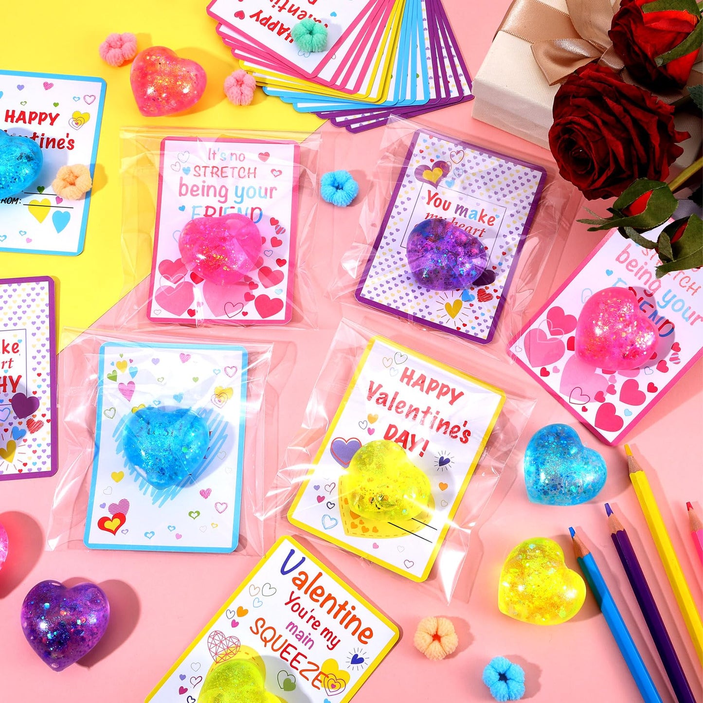 Joottuan 24-Pack Valentines Heart Stress Balls with Greeting Cards | Classroom Gifts & Fidget Toys
