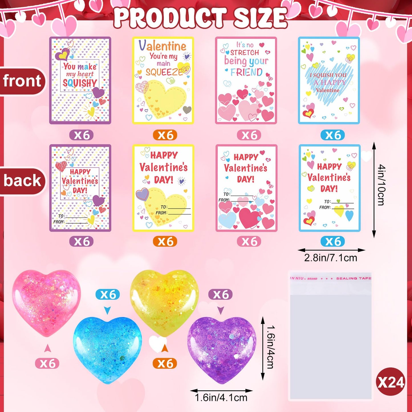 Joottuan 24-Pack Valentines Heart Stress Balls with Greeting Cards | Classroom Gifts & Fidget Toys