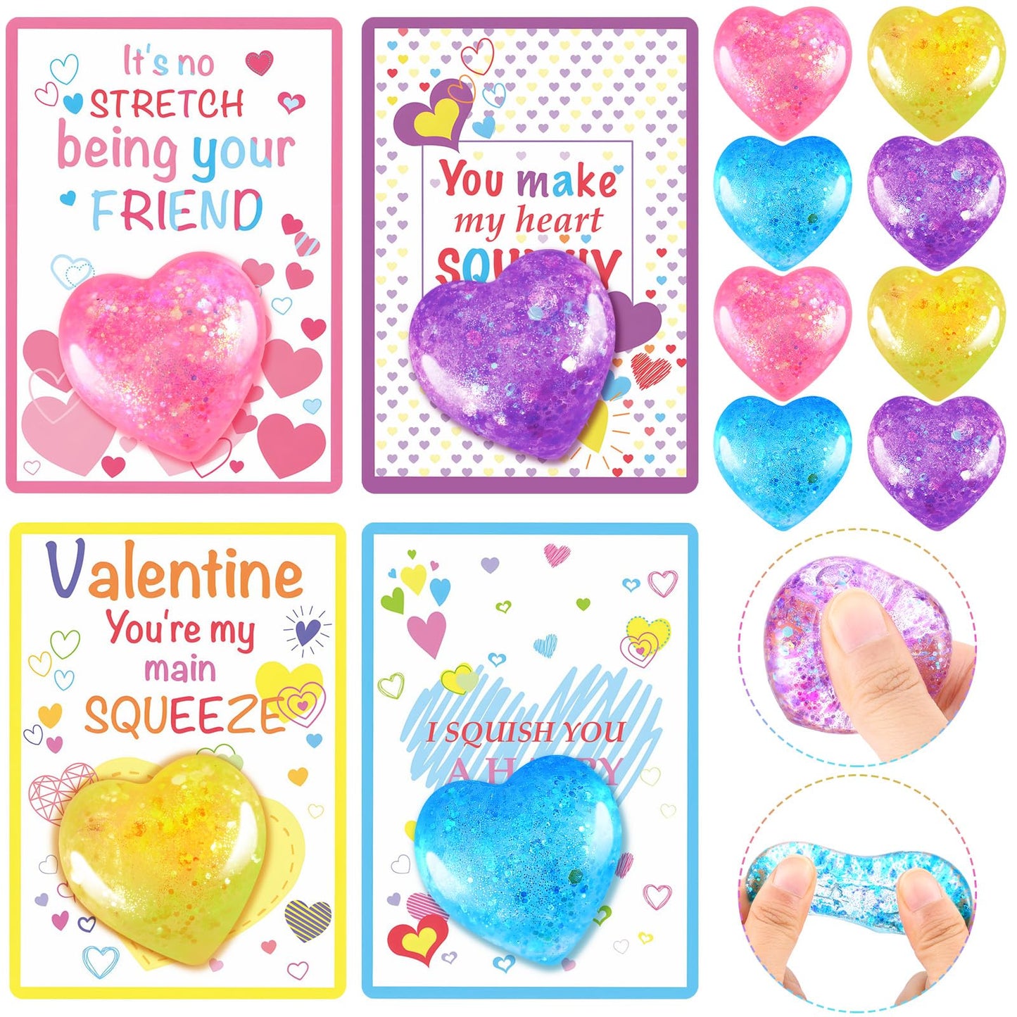 Joottuan 24-Pack Valentines Heart Stress Balls with Greeting Cards | Classroom Gifts & Fidget Toys