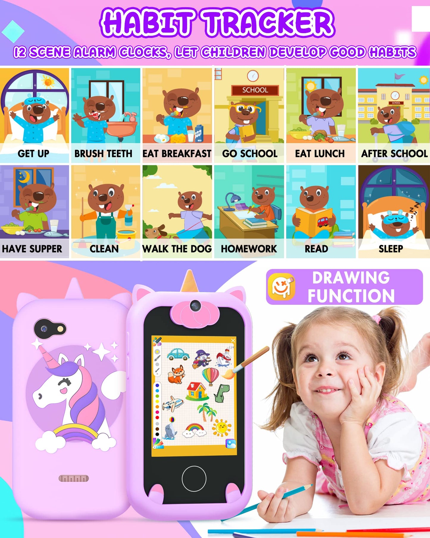 Joozfee Kids Smart Phone for Girls Unicorns — Learning Toy Gift (Purple)