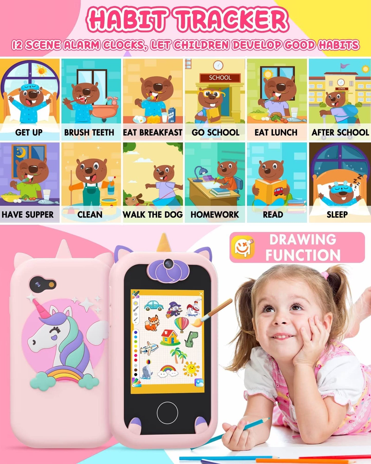 Joozfee Kids Smart Phone for Girls Unicorns – Learning Toy with 8G Card (Ages 3–9)