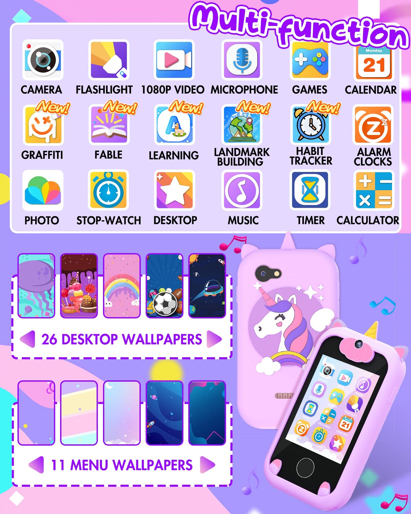 Joozfee Kids Smart Phone for Girls Unicorns — Learning Toy Gift (Purple)