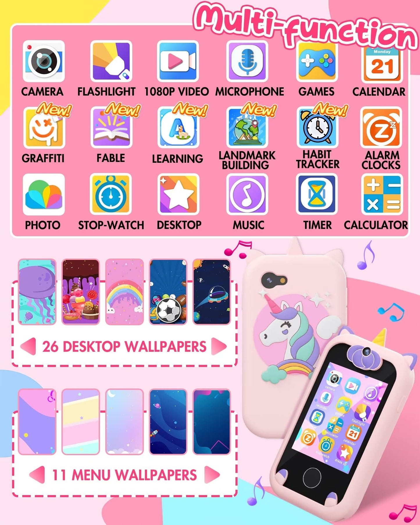 Joozfee Kids Smart Phone for Girls Unicorns – Learning Toy with 8G Card (Ages 3–9)