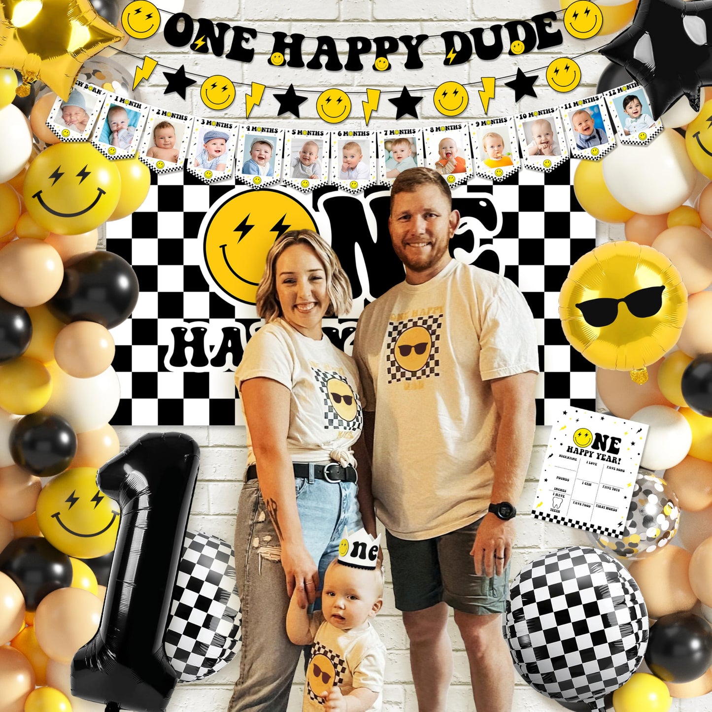 JOPHMO One Happy Dude 1st Birthday Party Pack – Black & Yellow Decor Kit