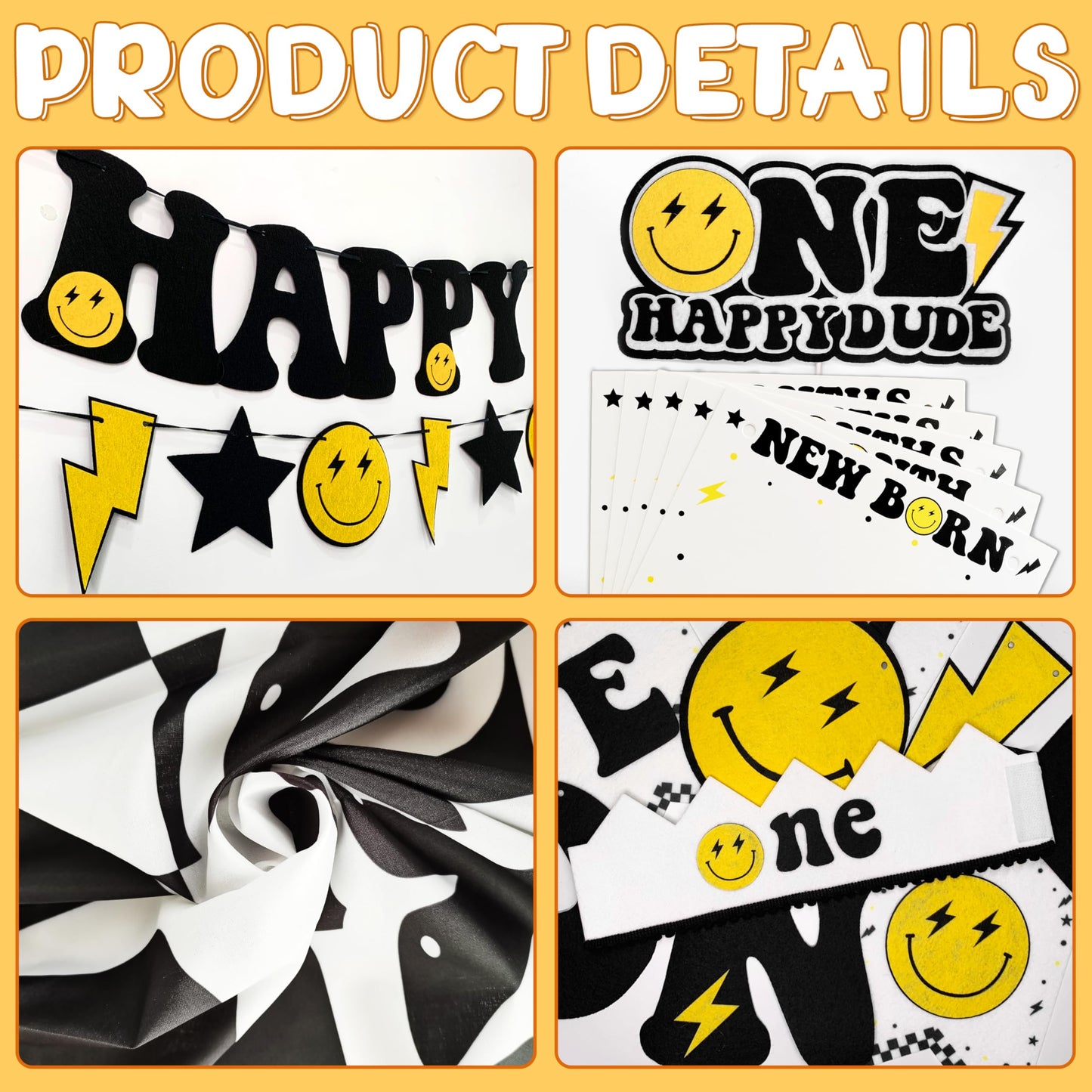 JOPHMO One Happy Dude 1st Birthday Party Pack – Black & Yellow Decor Kit