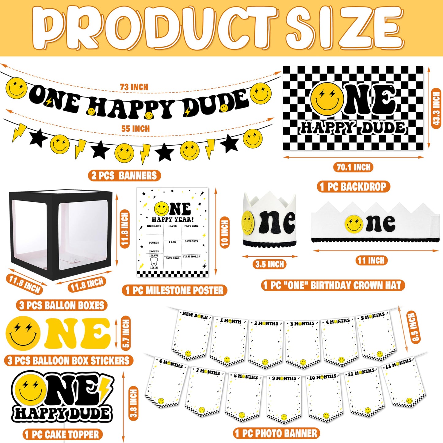 JOPHMO One Happy Dude 1st Birthday Party Pack – Black & Yellow Decor Kit