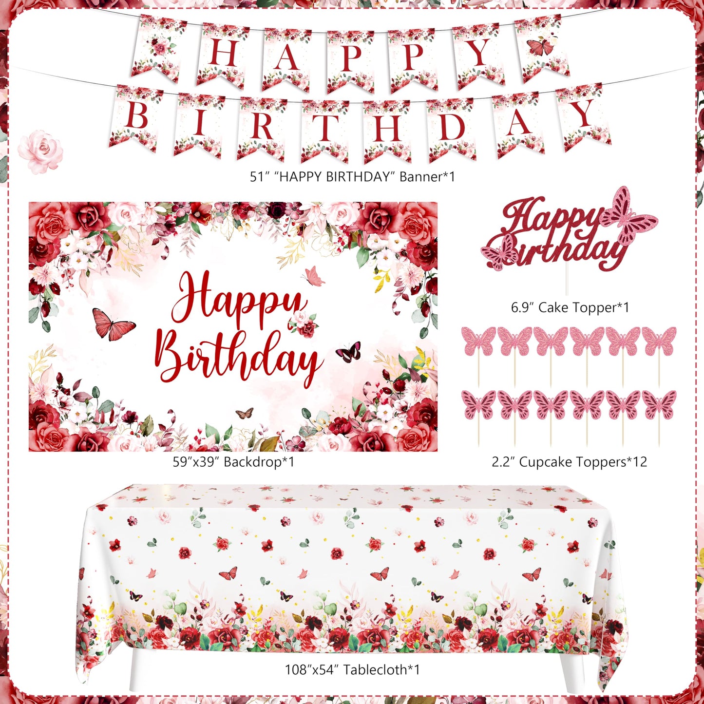 JOPHMO Birthday Decorations Party Pack for Women & Girls – Burgundy Backdrop & Balloon Arch Kit
