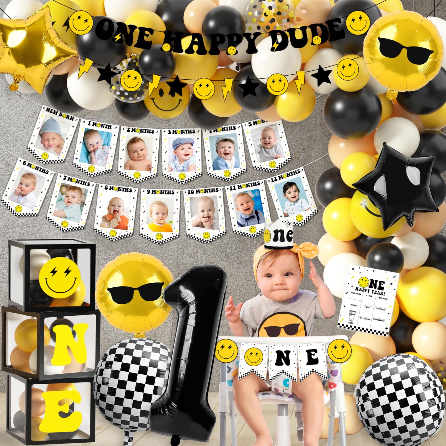 JOPHMO One Happy Dude 1st Birthday Party Pack – Black & Yellow Decor Kit